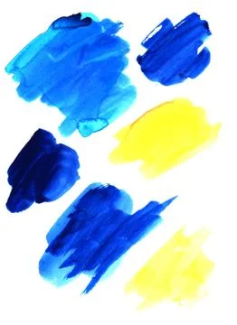 Set hand draw blue yellow six watercolor stain background. Artistic design el Stock Illustration