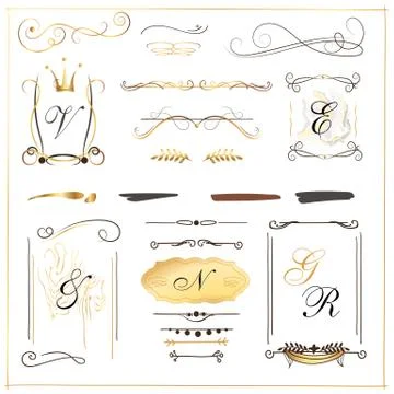 Set of hand draw borders made with brush and ink. Unique swirls and dividers Stock Illustration