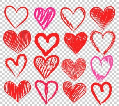 Set of hand draw red and pink heart symbol on transparent background, stock v Stock Illustration