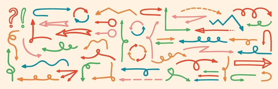 Set of hand drawing arrows doodle bold marker childish multi colored drawn Stock Illustration