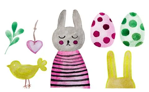 Set of hand drawing Easter eggs with animals. Watercolour spring art. Desig.. Stock Illustration
