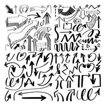Set of hand drawing isolated arrows collection on white backgrou Stock Illustration