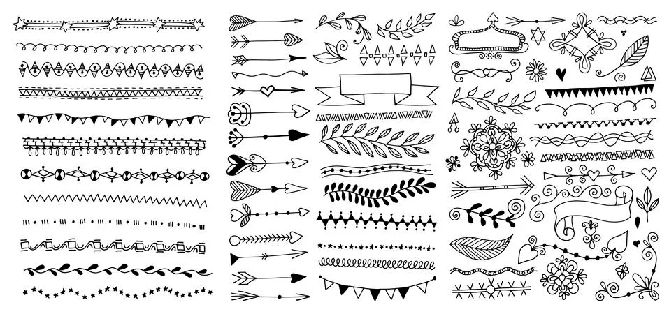 Set of hand drawing page dividers borders and arrow, doodle floral design Stock Illustration