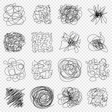 Set of Hand drawing random chaotic lines. Insane tangled scribble clew. Bla.. Ilustración de archivo