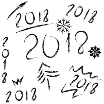 Set hand drawn 2018 happy new year script. Vector sketch pen. Stock Illustration