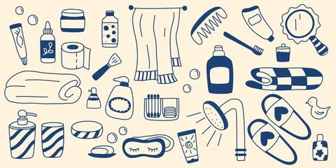 Set of hand-drawn accessories for bathing, hygiene and skincare Illustrazione stock