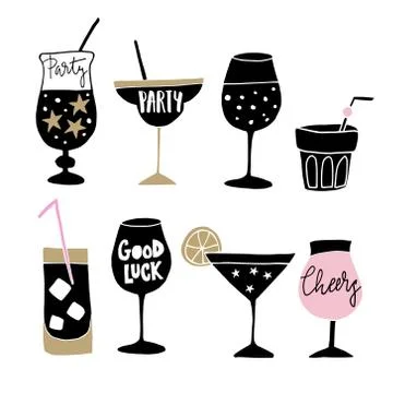 Set of hand drawn alcoholic drinks, cocktails with lettering quotes. Happy New イラスト素材