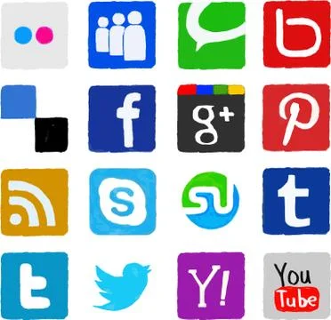Set of Hand-Drawn and Painted Social Media Icons Stock Illustration