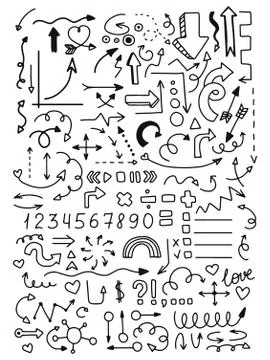 Set of hand drawn arrows and signs Stock Illustration