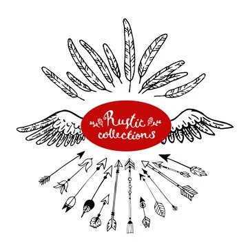 Set of hand drawn arrows and feather, wings. Rustic decorative arrows. Stock Illustration