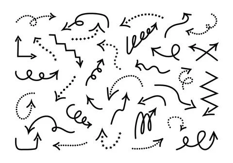 Set of hand drawn arrows with different patterns. Doodle lines with circles.. Stock Illustration