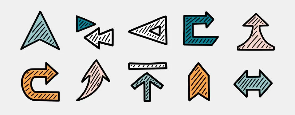 Set of hand drawn arrows. Direction, navigation, download, location and other Stock Illustration