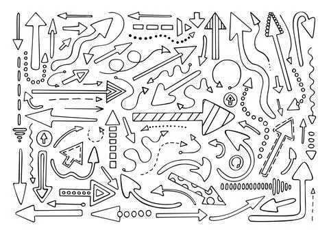 Set of hand drawn arrows. Direction indicator, target, point. Curved, dotted. Stock Illustration
