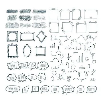 Set of hand drawn arrows, speech bubbles, frames and note papers. Doodle st.. 库存插图