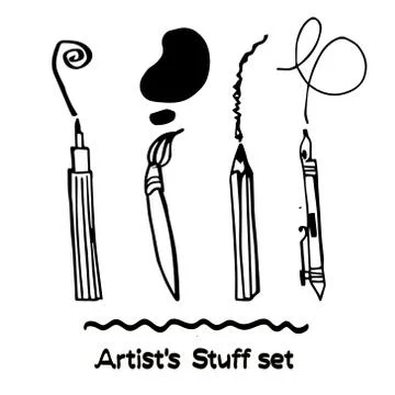 Set of Hand Drawn Artist's Stuff Stock Illustration