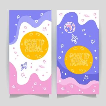 Set of Hand drawn back to school banner. Cute rocket, moon, earth and stars o Stock Illustration