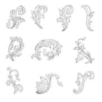 Set of hand drawn baroque style curls. Set of Vintage Baroque Victorian borde Stock Illustration