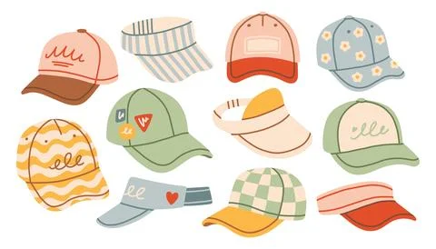 Set of hand drawn baseball caps and sun visor hats. Minimalist flat vector Stock Illustration