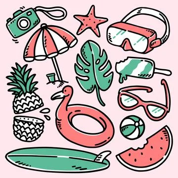 Set of hand drawn beach elements Stock Illustration