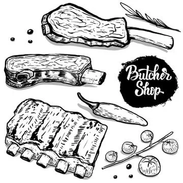 Set of hand drawn beef ribs with spices. Design elements for pos Stock Illustration
