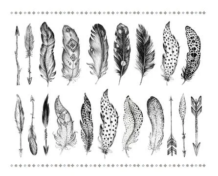 Set of hand drawn bird feathers isolated on white background. Bo Stock Illustration