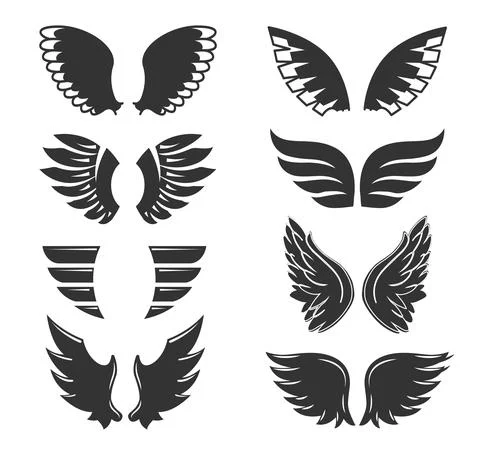 Set of hand drawn bird or angel wings of different shape in open position Stock Illustration