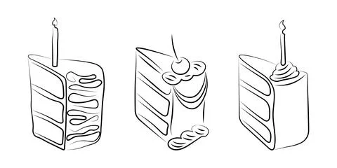 Set of hand drawn birthday cake slices with candles and cherry topping. Des.. Stock Illustration