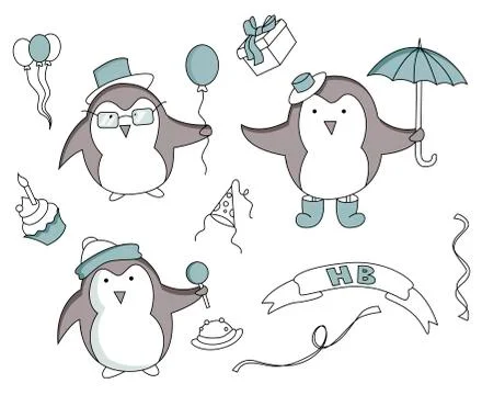 Set of hand drawn Birthday elements with penguin Illustrazione stock