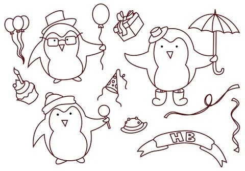 Set of hand drawn Birthday elements with penguin Stock Illustration
