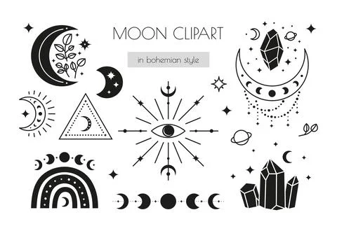 Set of hand drawn black celestial, bohemian icons third eye, moon phases, cre Stock Illustration