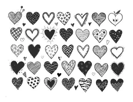 Set of hand drawn black doodle sketch hearts on white background. Vector illu Stock Illustration