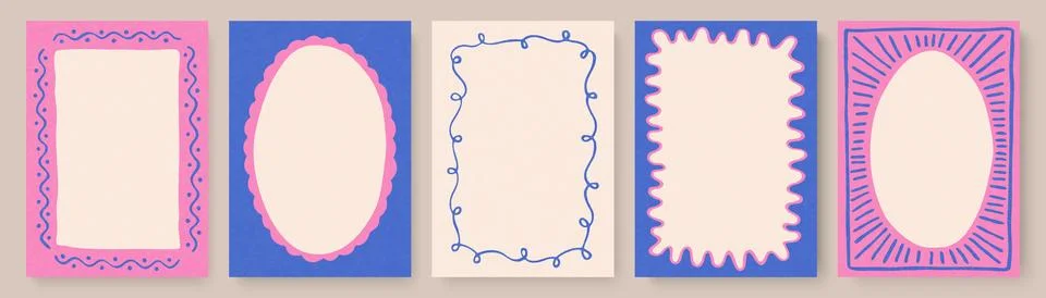 Set of hand-drawn blank frames with abstract doodle borders in pink and blue Illustrazione stock