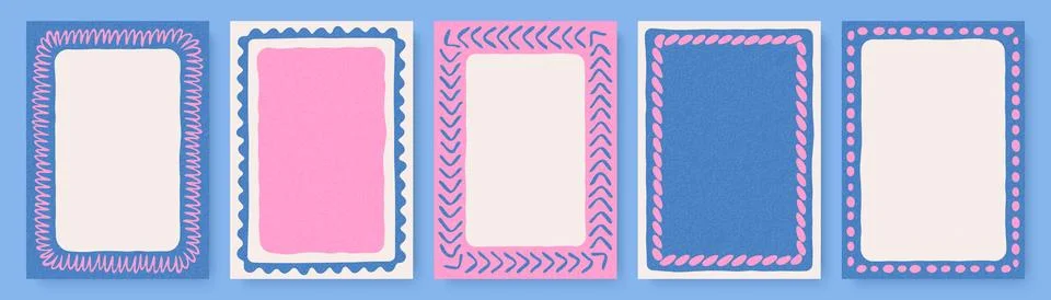 Set of hand-drawn blank frames with abstract doodle borders in pink and blue 스톡 일러스트