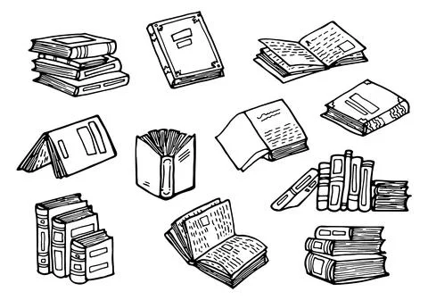Set of hand drawn books in doodle style . Black color sketch. Line art style. Stock Illustration