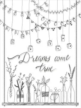 Set of hand drawn borders, garlands, jars, bottles with flowers on swing. Stock Illustration