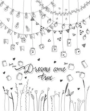 Set of hand drawn borders, garlands, jars, bottles with flowers Stock Illustration