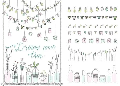 Set of hand drawn borders, garlands, jars, bottles with flowers on swing. Stock Illustration