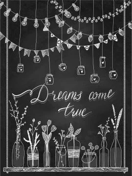 Set of hand drawn borders, garlands, jars, bottles with flowers on swing. Stock Illustration