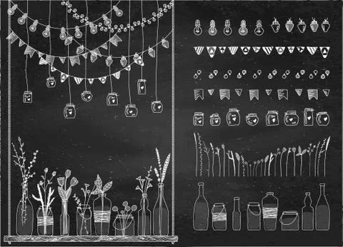 Set of hand drawn borders, garlands, jars, bottles with flowers on swing. Stock Illustration