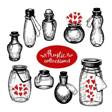 Set of hand drawn bottles and jars with hearts. Rustic decorative elements. 스톡 일러스트