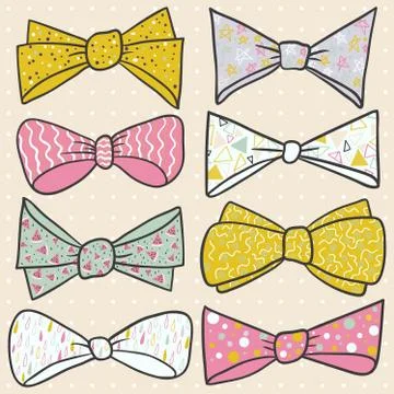 Set of hand drawn bow with cute ornaments. Stock Illustration