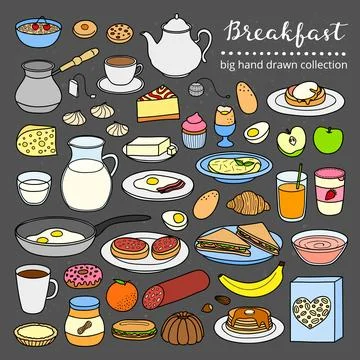 Set of hand drawn breakfast dishes. Stock Illustration