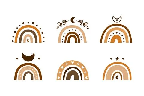 Set of hand drawn brown celestial bohemian rainbows. Illustrazione stock