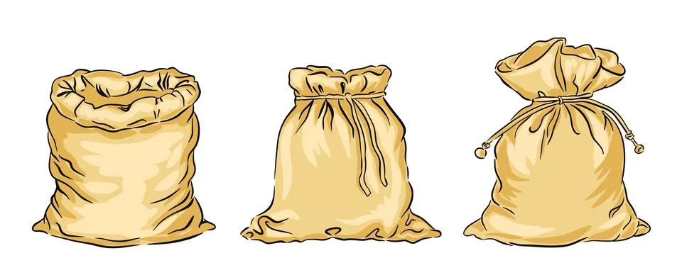 Set hand drawn burlap sacks vector illustration on white background 스톡 일러스트