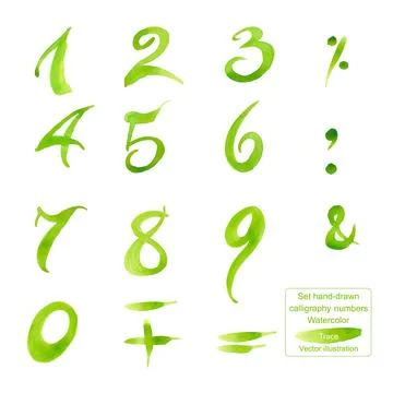 Set hand-drawn calligraphy numbers and symbols. Watercolor. Stock Illustration