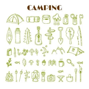 Set of hand drawn camping and hiking equipment. Travel and vacation doodle .. Stock Illustration