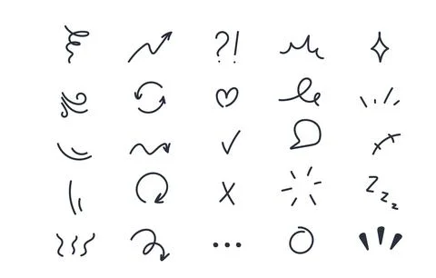 Set of hand-drawn cartoon expression sign doodle line stroke. Movement drawin Stock Illustration