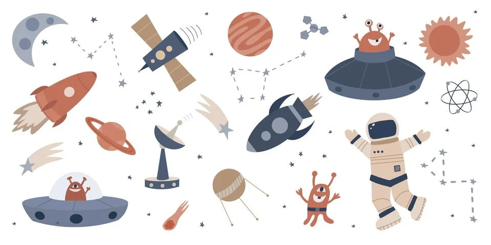 Set of hand drawn cartoon vector illustrations of space. Stock Illustration