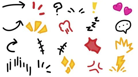Set of hand-drawn cartoony expression, emoticon effects design elements, curve d Stock Illustration