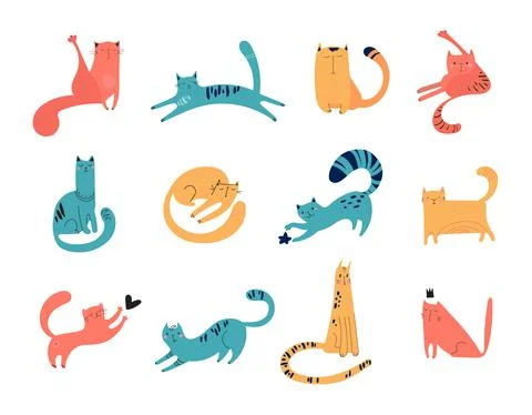 Set of hand-drawn cats for print, textile, t-shirts, posters. Cute faces Stock Illustration